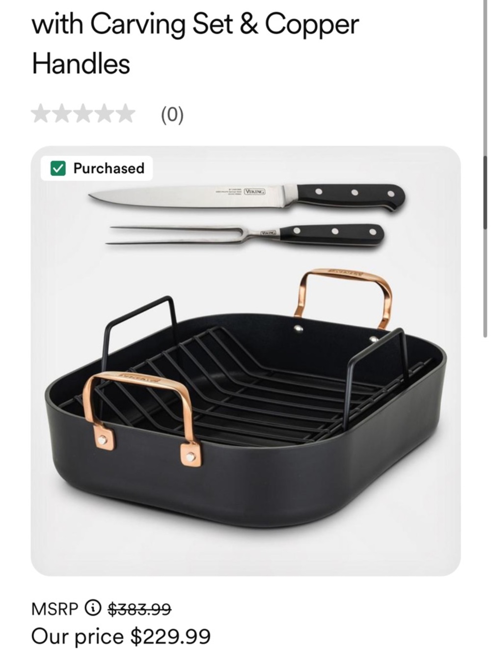 Viking Black Roasting Pan with Copper Handles and Carving Set
